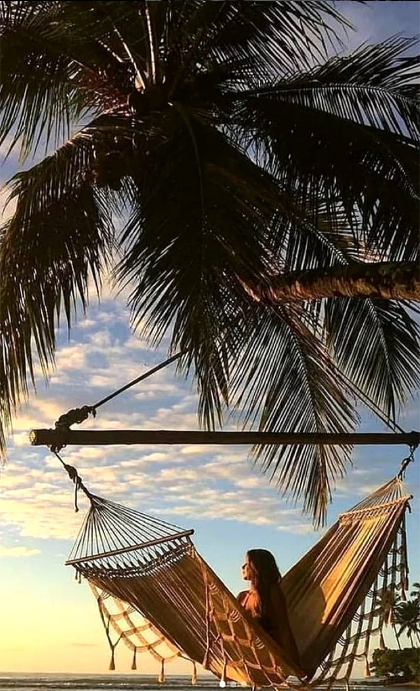 Persona descansando en una hamaca tejida bajo palmeras frente al mar al atardecer